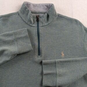 Polo by Ralph Lauren L Men's Sweater Estate Rib Green 1/4 Zip Flesh Pony - Flaw
